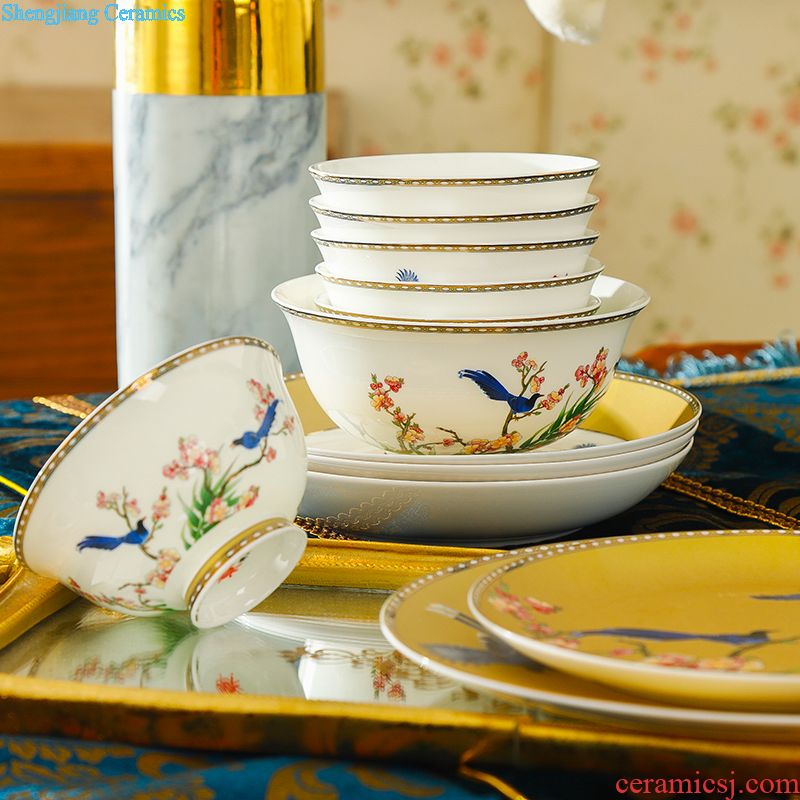 Dishes suit Chinese shadow blue glaze high-grade bone China tableware suit under the glaze painted pottery bowls set household gifts JinHe