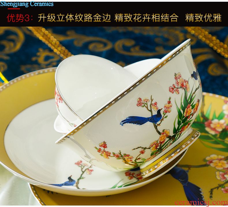 Dishes suit Chinese shadow blue glaze high-grade bone China tableware suit under the glaze painted pottery bowls set household gifts JinHe