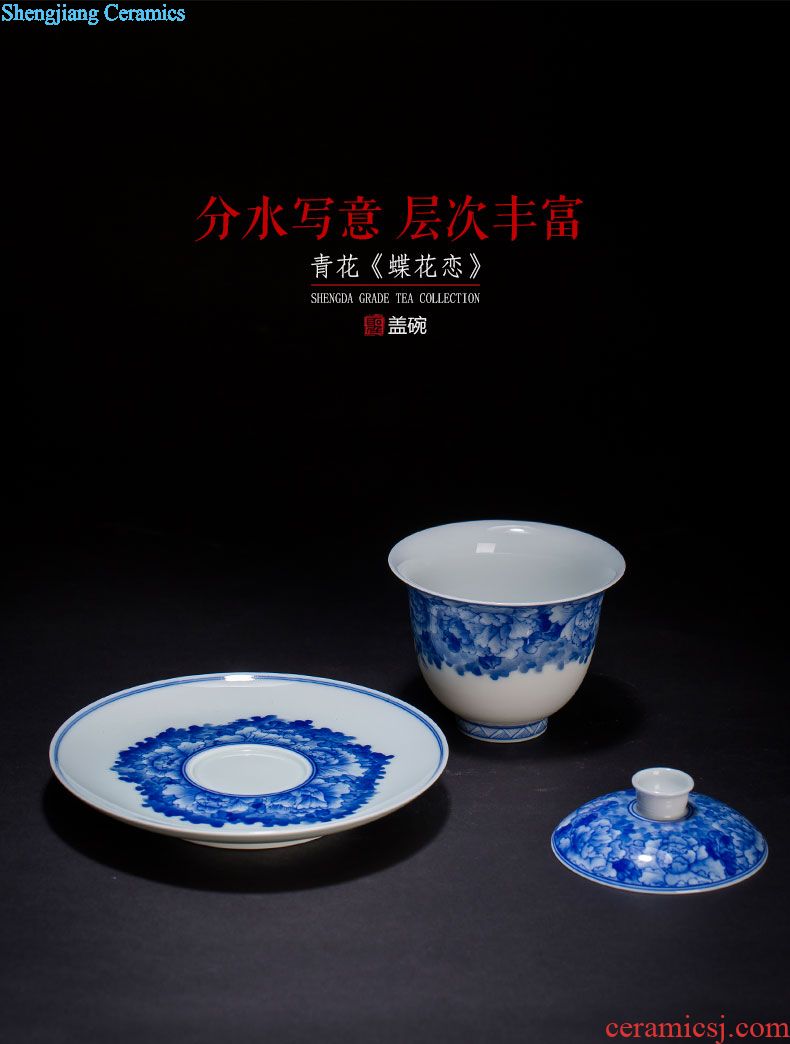 The big three to blue and white chrysanthemum tureen hand-painted ceramic large butterfly tattoo all hand jingdezhen kung fu tea tea bowl