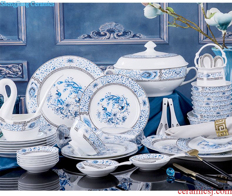 Jingdezhen high-grade bone China tableware suit Chinese colored enamel royal household tableware luxurious dishes suit with a gift