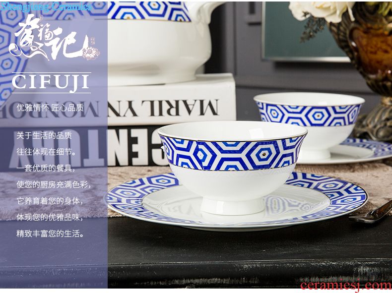 Dishes suit Chinese shadow blue glaze high-grade bone China tableware suit under the glaze painted pottery bowls set household gifts JinHe