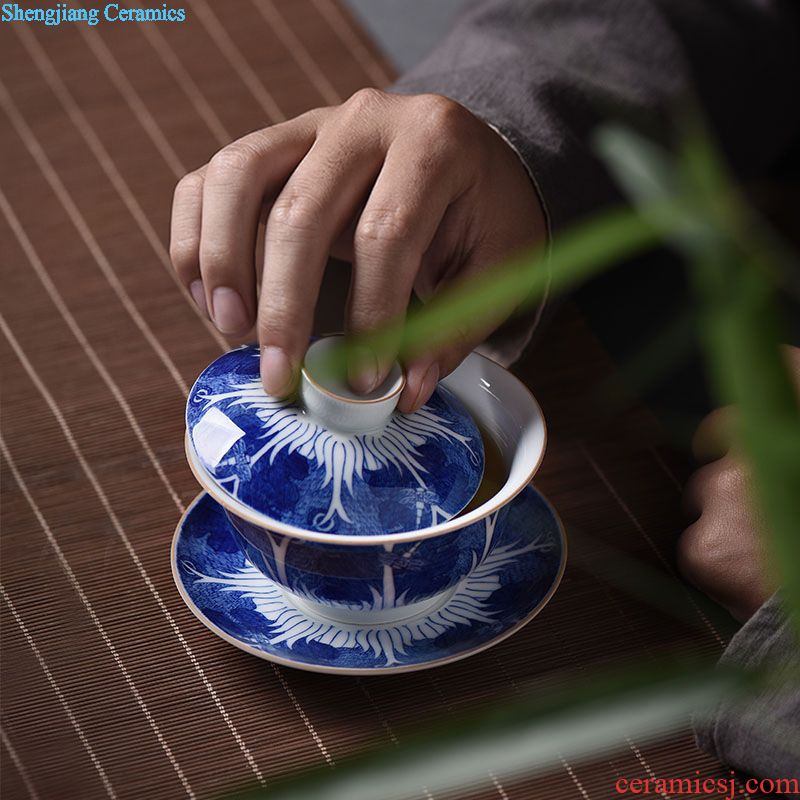 JingJun longfeng tureen large bowl of pottery and porcelain cups all hand hand-sketching kung fu tea bowl of jingdezhen blue and white