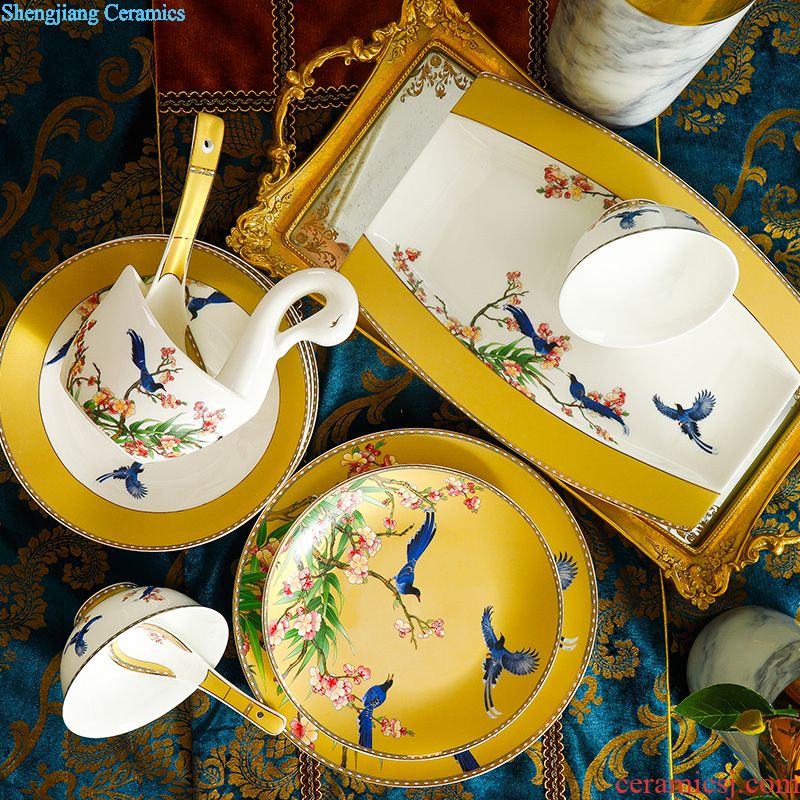 Dishes suit Chinese shadow blue glaze high-grade bone China tableware suit under the glaze painted pottery bowls set household gifts JinHe