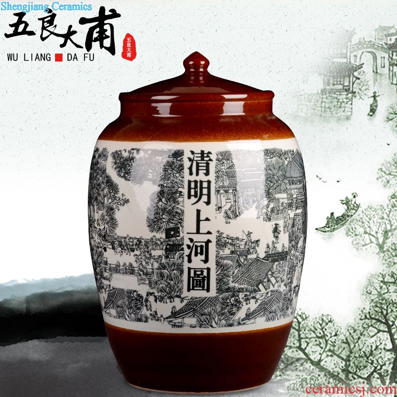 Jingdezhen ceramic it 30 jins 50 jins of blue and white porcelain jars 10 jins 20 jins bubble wine liquor jar with leader