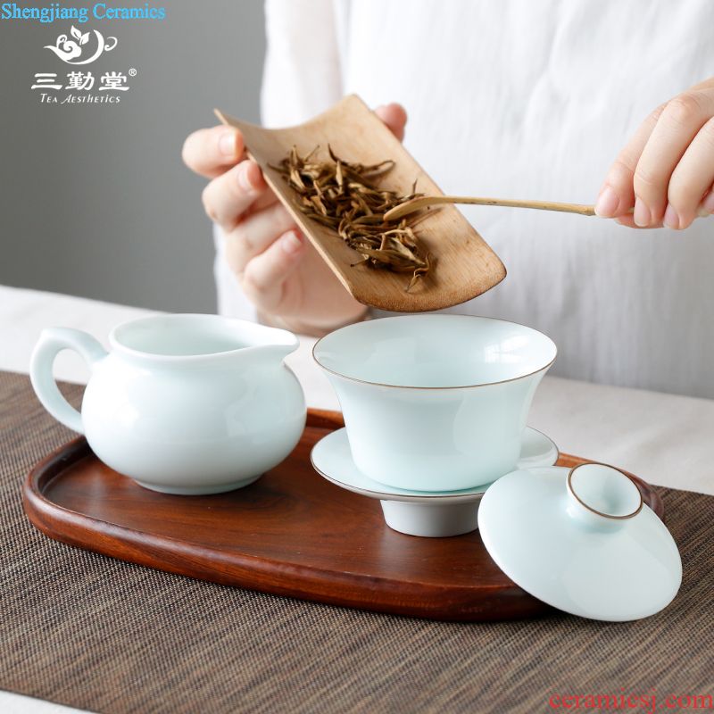 Three frequently hall sweet white glazed white porcelain tea holder of jingdezhen ceramic tea set good ink falbala tea is the tea lifter S01029