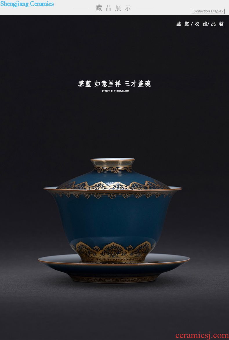 JingJun jingdezhen porcelain ji blue paint all hand three it tureen kung fu tea tea bowl