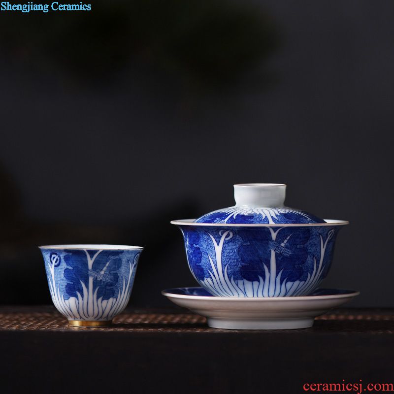 JingJun longfeng tureen large bowl of pottery and porcelain cups all hand hand-sketching kung fu tea bowl of jingdezhen blue and white