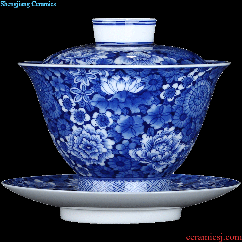 Jingdezhen ceramic tureen tea hand-painted colored enamel three bowls Large hand antique flower powder enamel cups