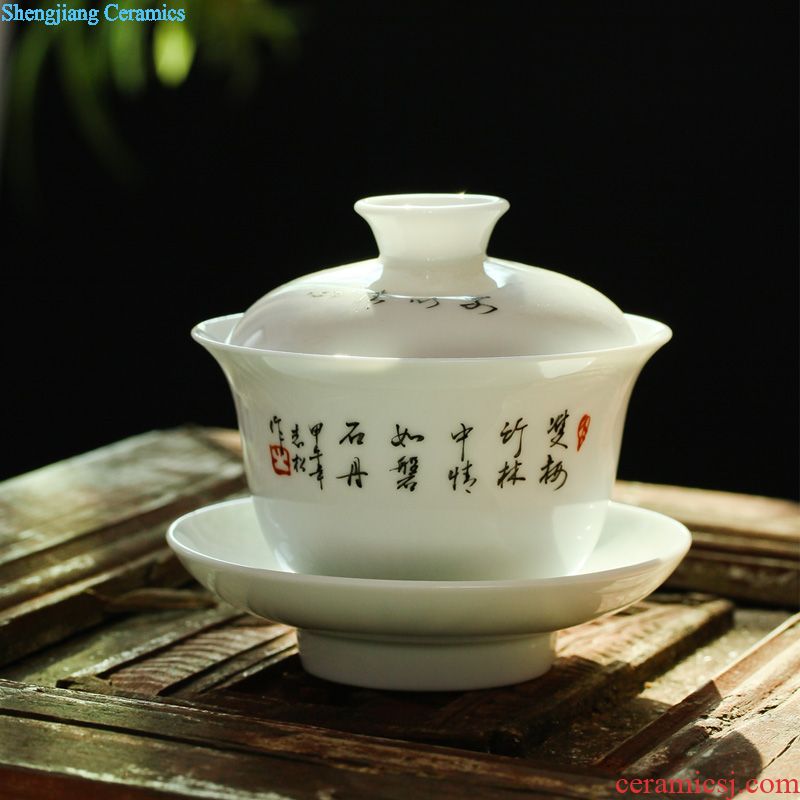 Covered bowl bowl bowl three cups Jingdezhen ceramic ji blue kung fu tea set Manual paint landscape tea bowl