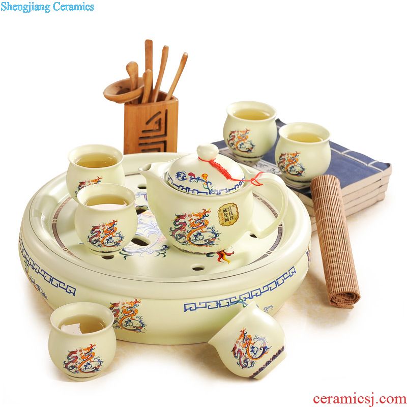 Jingdezhen antique collection 8 head double colored enamel tea set Imperial pastel principal Tea tray cup suit the teapot