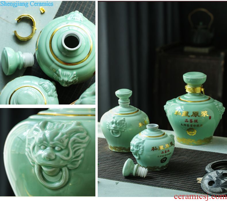 Jingdezhen ceramic bottle bubble wine jars 1 catty put gourd reliefs green glaze sealing wine 1 catty household hip flask