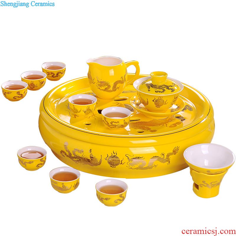 Jingdezhen ceramic tea set home round yellow longfeng kung fu tea tea tea tray a complete set of the teapot