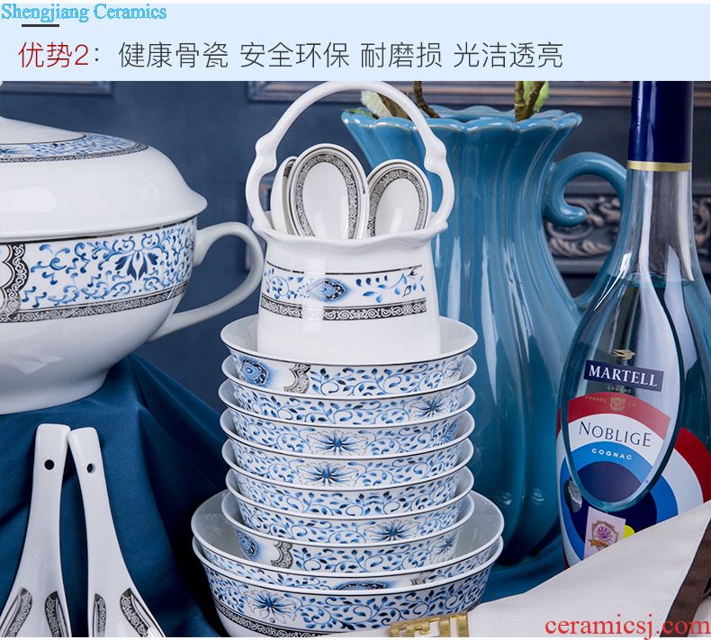 Jingdezhen high-grade bone China tableware suit Chinese colored enamel royal household tableware luxurious dishes suit with a gift