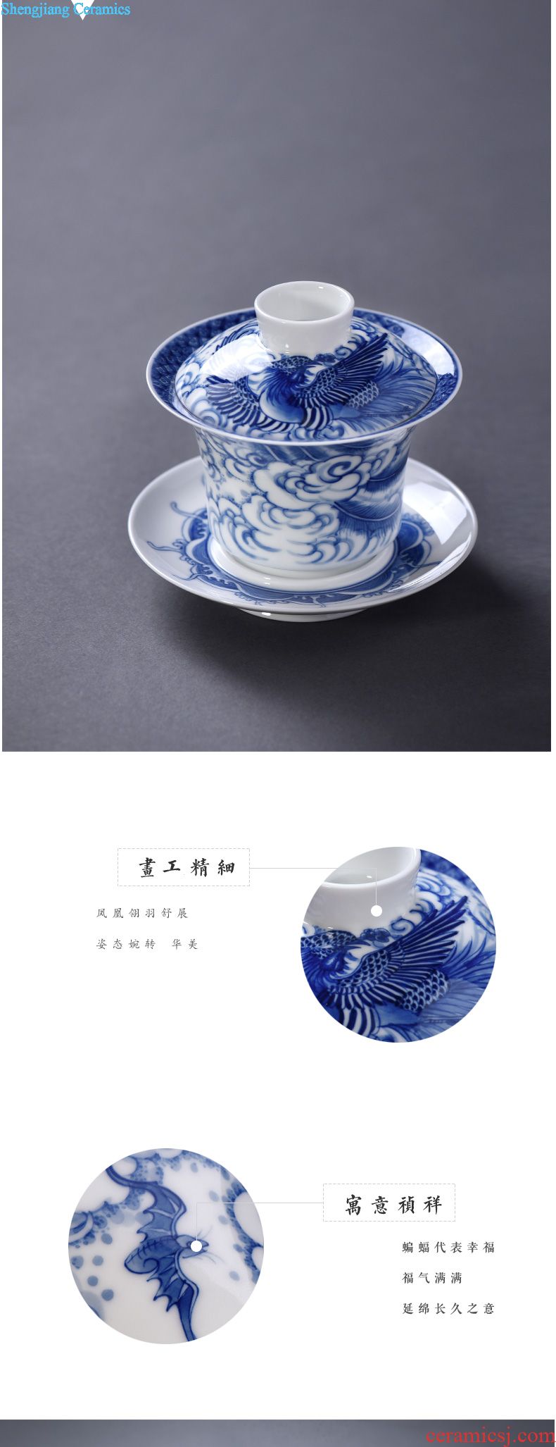 JingJun Jingdezhen ceramics Blue and white colored enamel manual all three tureen Kung fu tea bowl