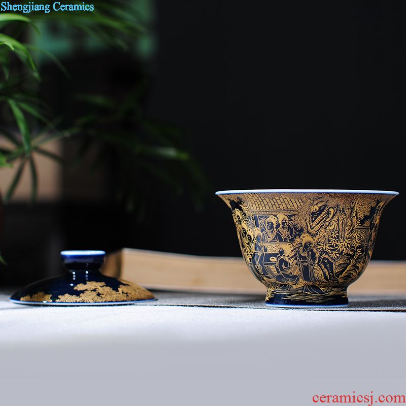 Jingdezhen ceramic ji blue glaze tureen tea cups Manual features three tureen kung fu tea bowl undressed ore glaze