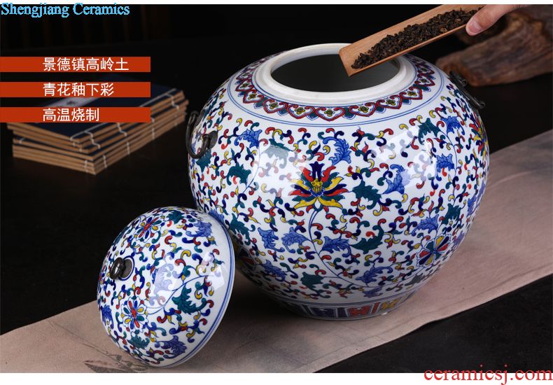 Jingdezhen ceramic hand-painted blue and white porcelain tea pot large household seal tank general storage tank receives