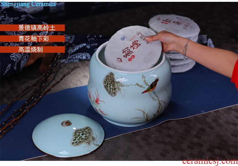 Jingdezhen ceramic hand-painted caddy large puer tea pot box general household handmade quality restoring ancient ways