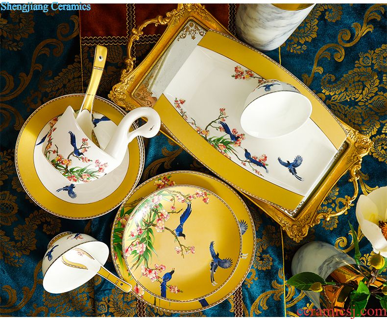 Dishes suit Chinese shadow blue glaze high-grade bone China tableware suit under the glaze painted pottery bowls set household gifts JinHe