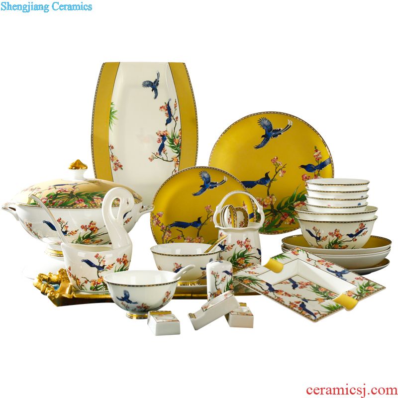 Dishes suit Chinese shadow blue glaze high-grade bone China tableware suit under the glaze painted pottery bowls set household gifts JinHe