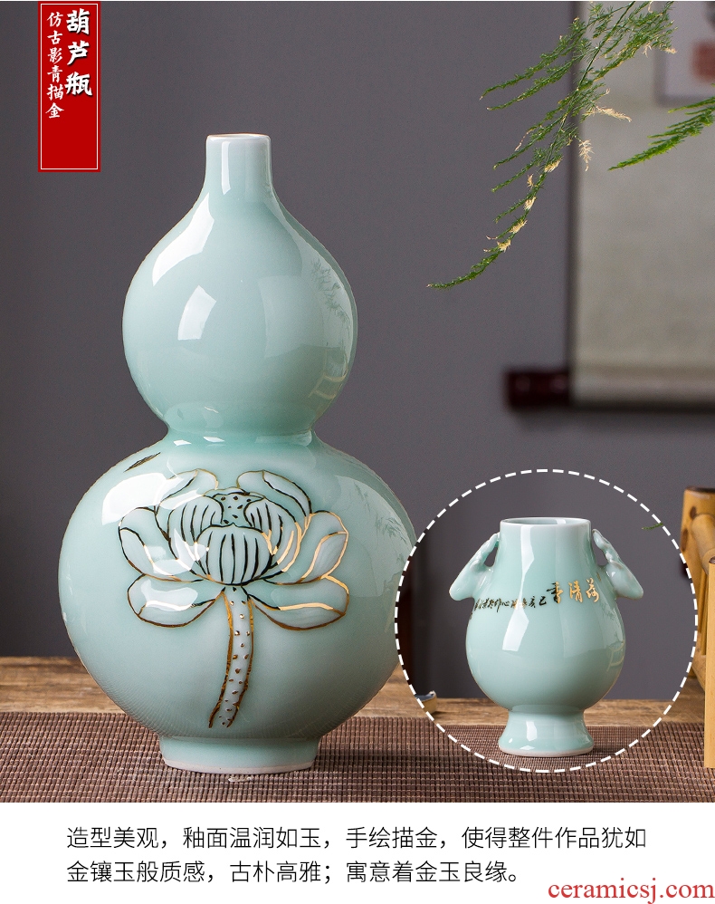 Jingdezhen ceramics famous paint shadow green lotus flower bottles of new Chinese style living room decorations rich ancient frame furnishing articles