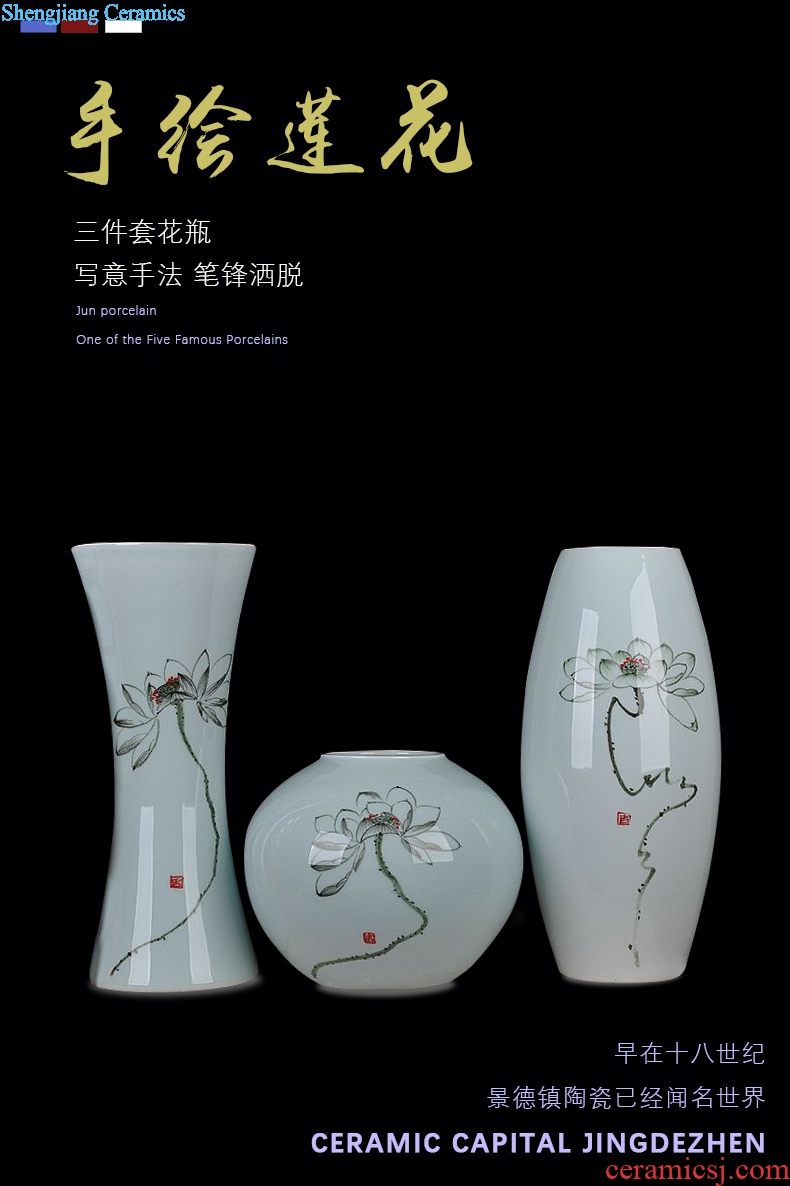 Jingdezhen ceramics vase modern Chinese celadon hand-painted three-piece household adornment handicraft furnishing articles