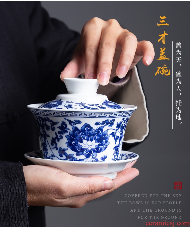, blue and white porcelain tureen jingdezhen ceramic cups large tea home only three tureen tea bowl hand grasp pot