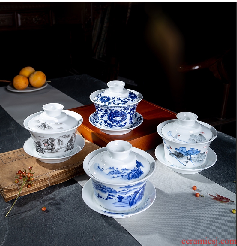 , blue and white porcelain tureen jingdezhen ceramic cups large tea home only three tureen tea bowl hand grasp pot