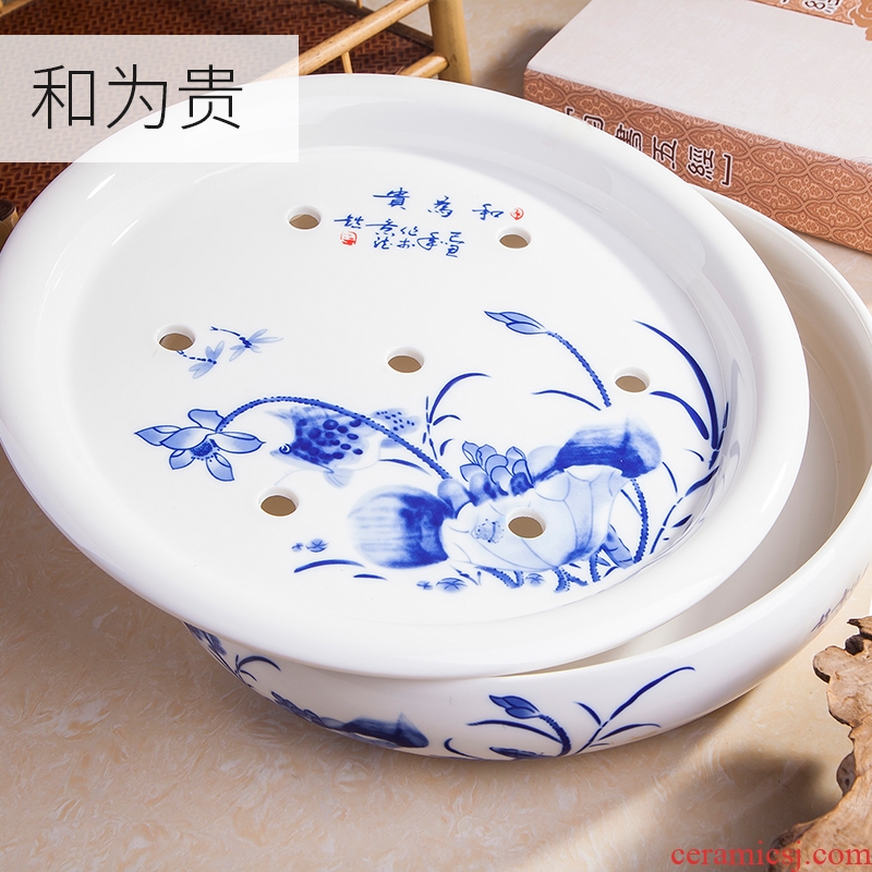 Circular tea tray, ceramic household tray jingdezhen blue and white porcelain kung fu tea water tea tea saucer