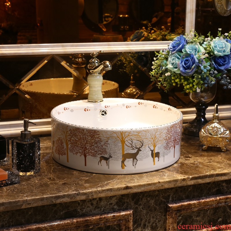 JingYan milu deer forest art stage basin Nordic ceramic lavatory European round basin sink of the basin that wash a face