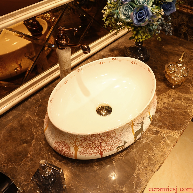 JingYan milu deer forest art stage basin creative European ceramic lavatory personality profile of the basin that wash a face the sink