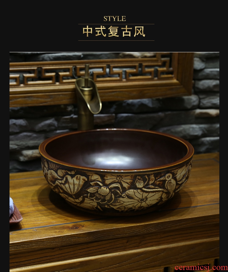 JingYan fly egret carving art stage basin of Chinese style of archaize ceramic lavabo lavatory restoring ancient ways round the stage