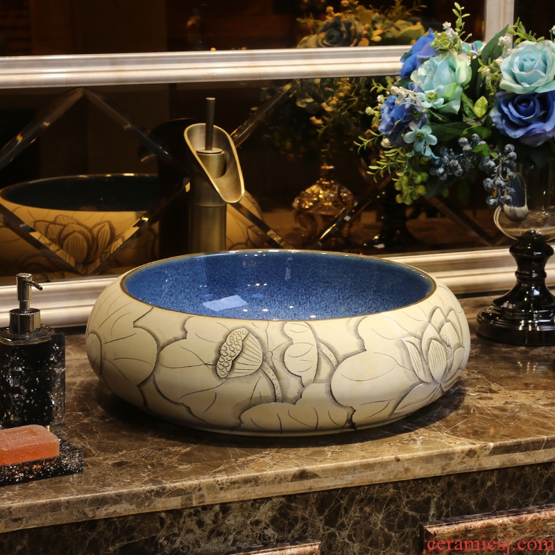 JingYan lotus carving art stage basin of Chinese style round ceramic lavatory toilet stage basin on the sink