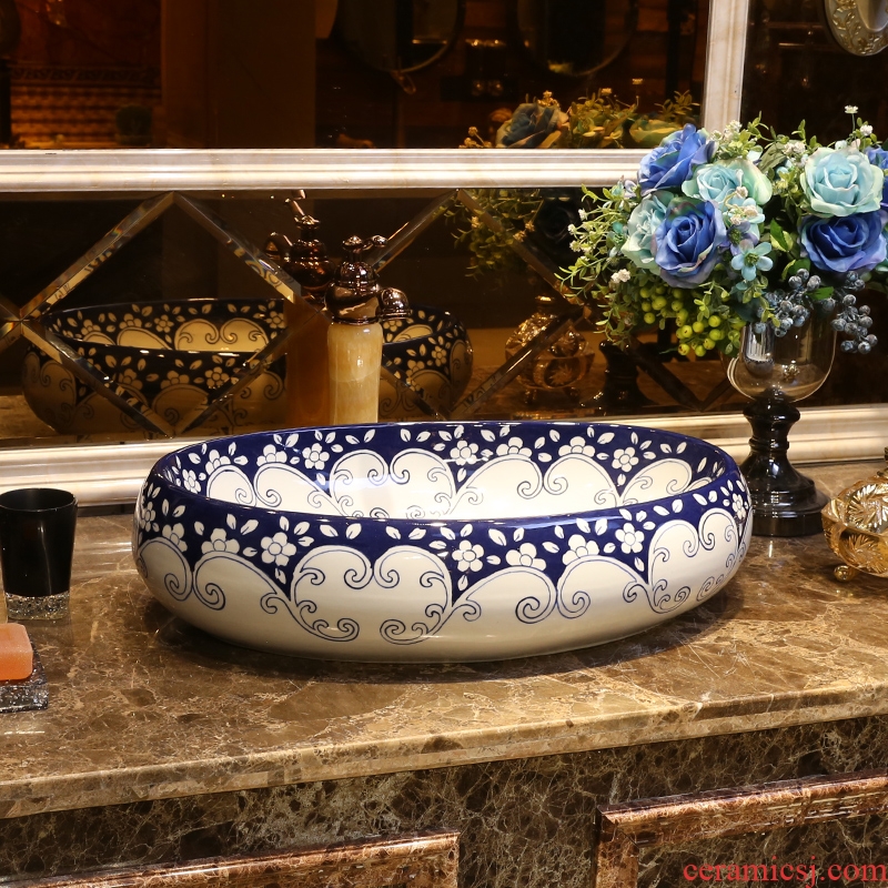 JingYan stage basin of jingdezhen blue and white porcelain art ceramic sinks Chinese oval basin on the sink