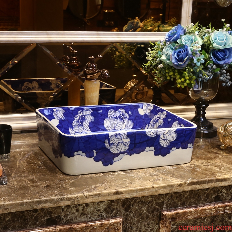 JingYan hand-painted lotus square ceramic art stage basin sinks Chinese blue and white porcelain basin on the sink