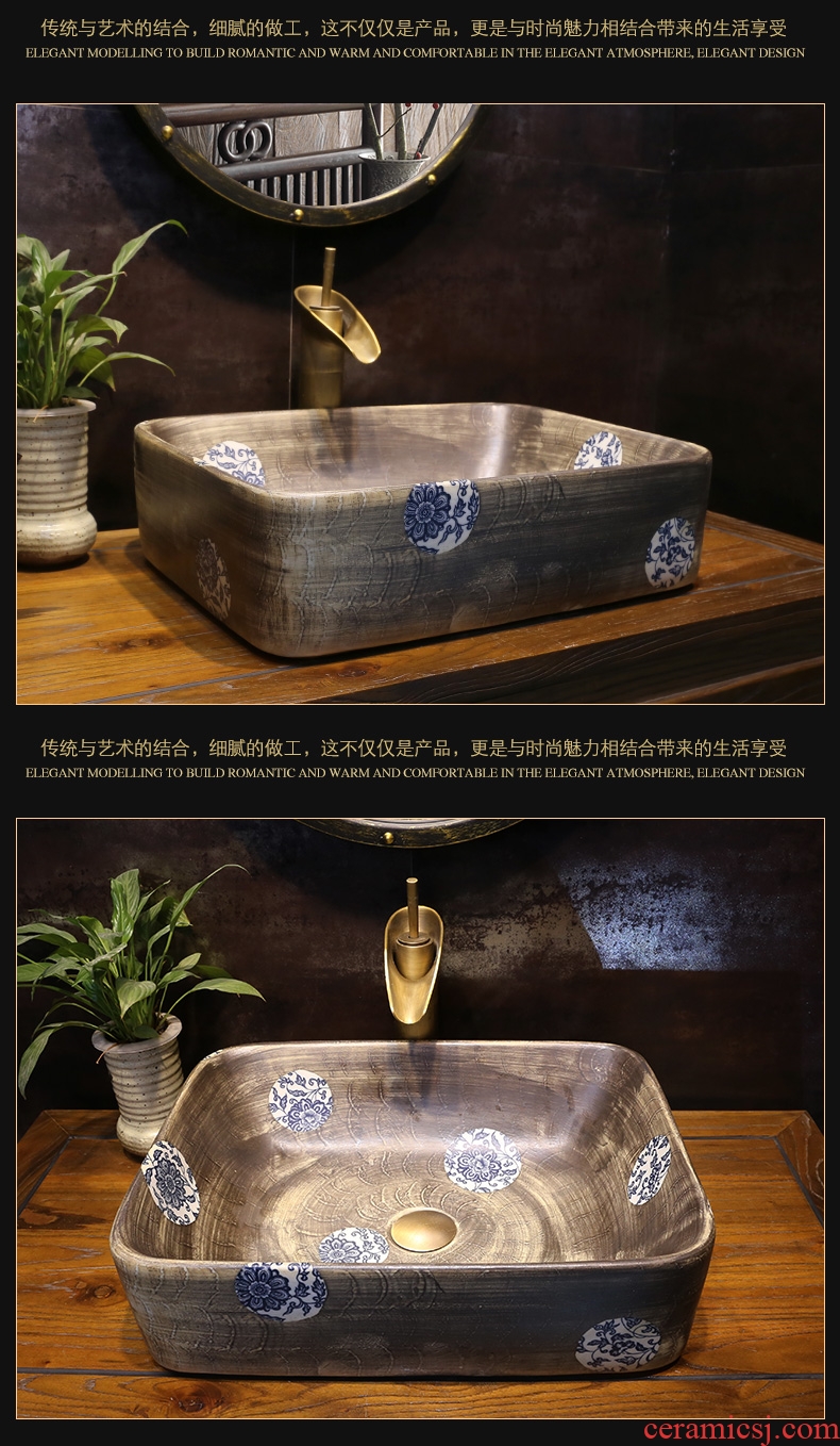 JingYan Chinese blue and white porcelain art stage basin rectangle ceramic lavatory restoring ancient ways of household archaize sink basin