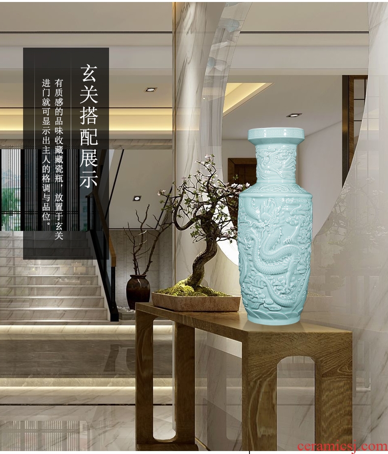Jingdezhen ceramics large shadow dragon totem big vase engraving celadon home sitting room decorate floor furnishing articles