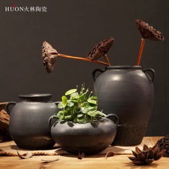 Retro thick clay pottery vases, flower POTS of jingdezhen handmade flowers, black zen Chinese style household ceramics furnishing articles