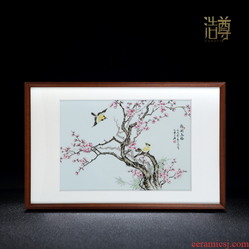 Jingdezhen ceramic new Chinese hand-painted pastel plum flower bird porcelain plate background of mural painting the sitting room porch hang a picture