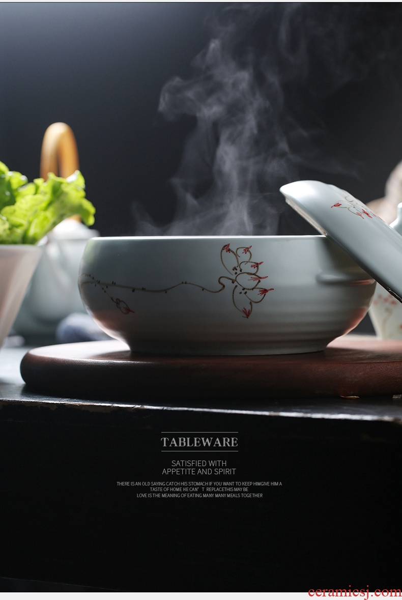 Ceramic household large ears with iron cover soup bowl Chinese defence with handle rainbow noodle bowl salad bowl of soup basin home