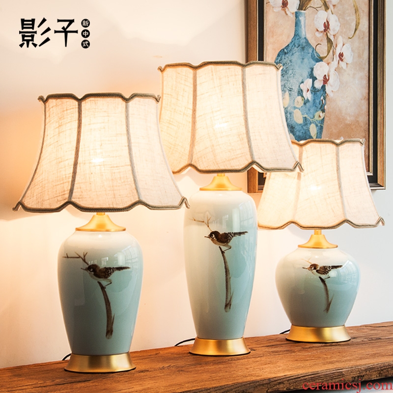 Modern Chinese style full copper ceramic desk lamp hand-painted magpie sitting room bedroom bed hotel study adornment lamps and lanterns is 1008