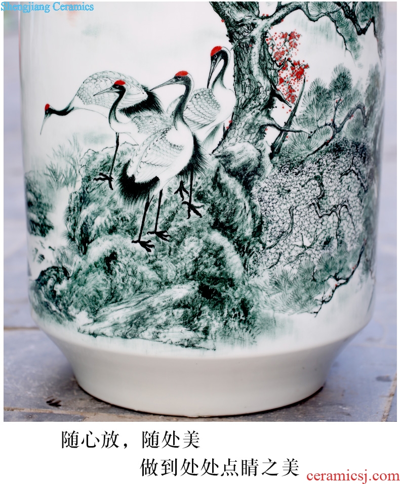 Jingdezhen ceramics hand-painted pine crane live painting and calligraphy cylinder home sitting room place study adornment calligraphy and painting is received