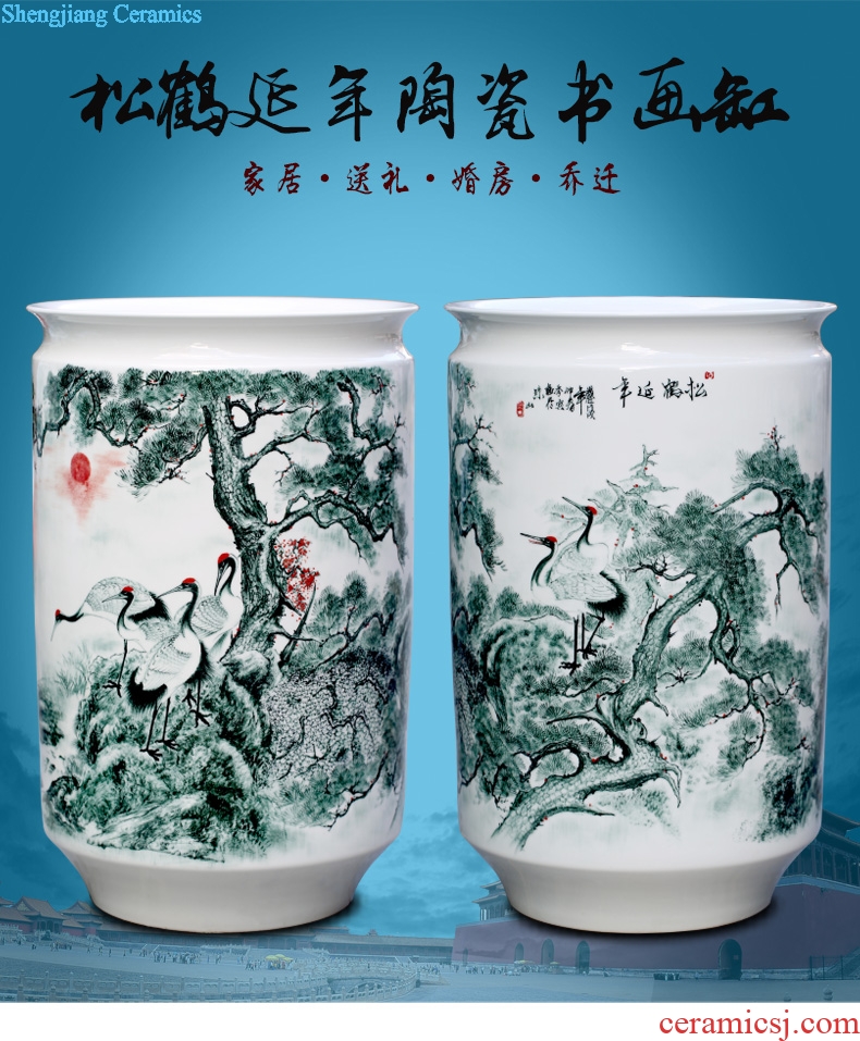 Jingdezhen ceramics hand-painted pine crane live painting and calligraphy cylinder home sitting room place study adornment calligraphy and painting is received