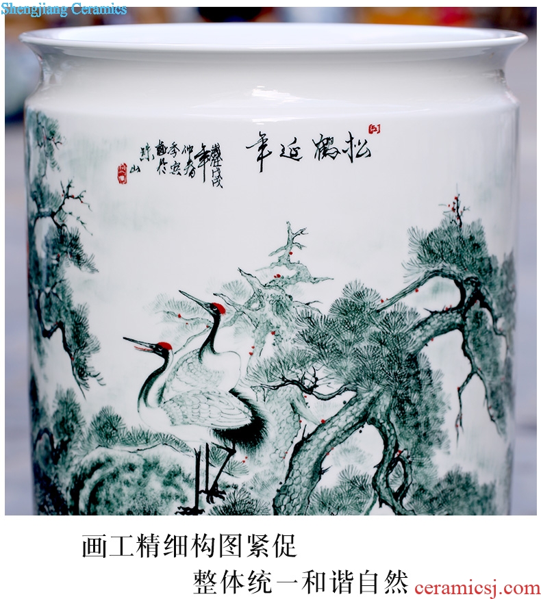 Jingdezhen ceramics hand-painted pine crane live painting and calligraphy cylinder home sitting room place study adornment calligraphy and painting is received