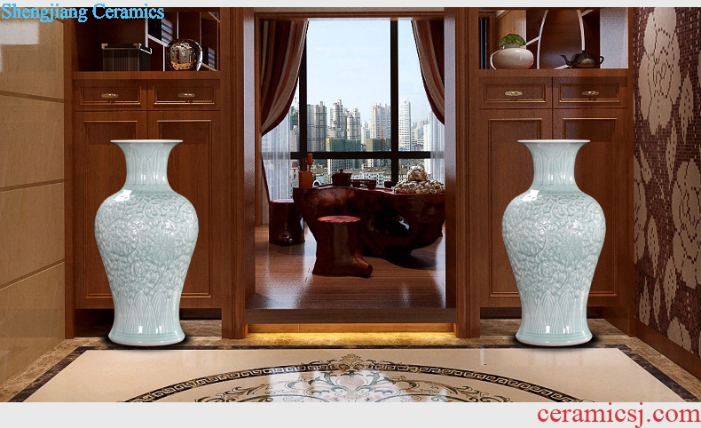 Jingdezhen ceramic green glaze carving peony 70 cm high landing big vase home sitting room adornment is placed