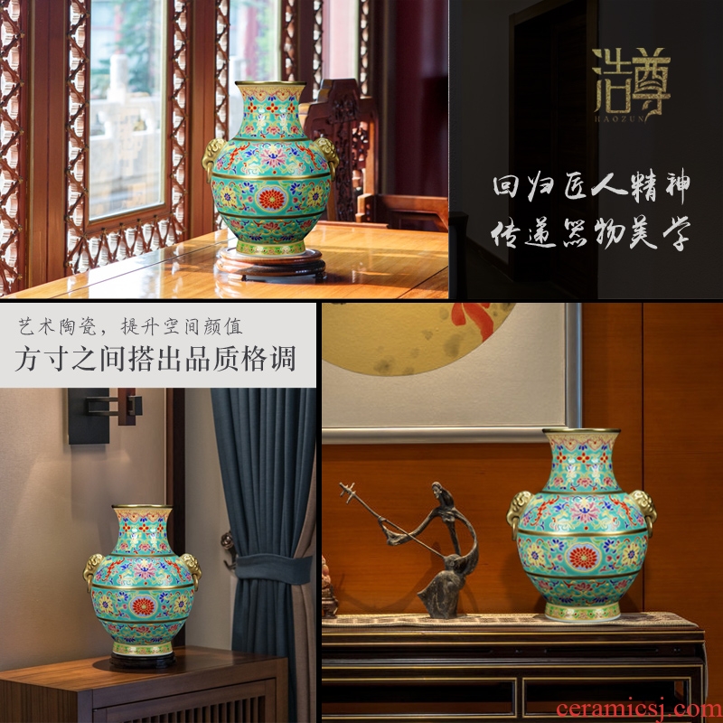 Hao chun hand-painted ears enamel vase jingdezhen ceramic furnishing articles rich ancient frame of Chinese style household adornment sitting room