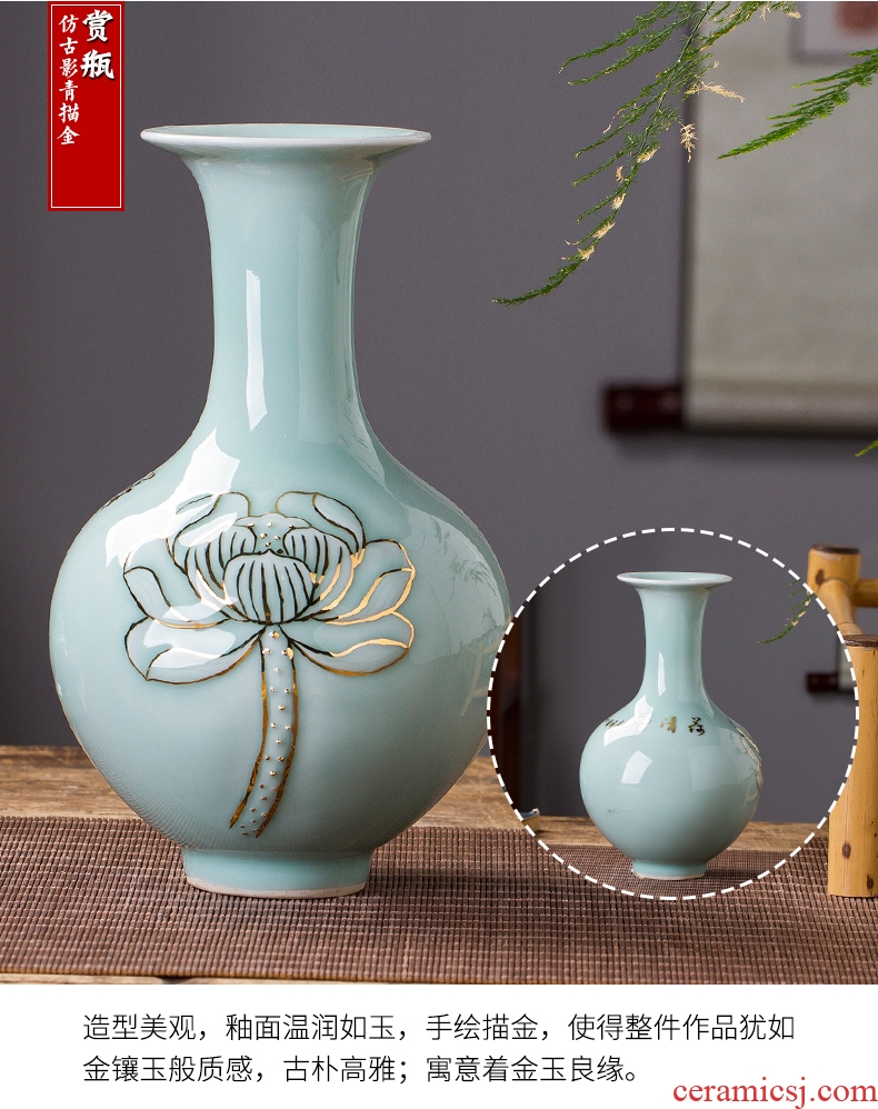 Jingdezhen ceramics famous paint shadow green lotus flower bottles of new Chinese style living room decorations rich ancient frame furnishing articles