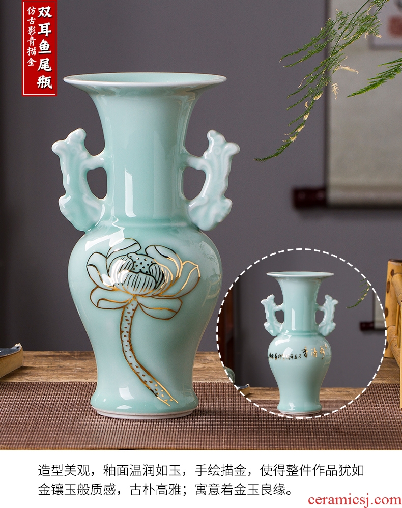 Jingdezhen ceramics famous paint shadow green lotus flower bottles of new Chinese style living room decorations rich ancient frame furnishing articles