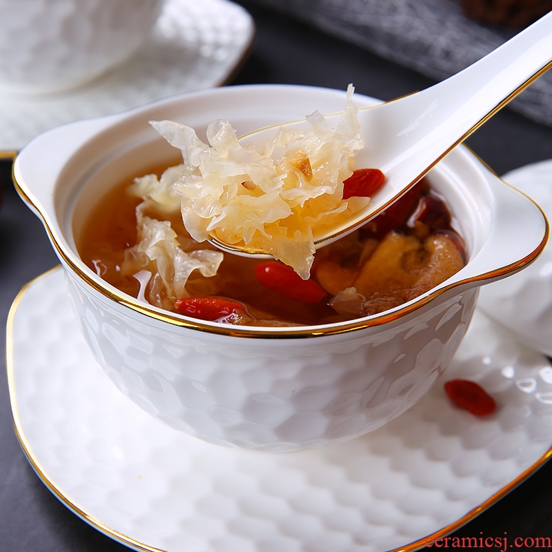 Bone China cup ears water cup stew stew bird's nest household size with cover steaming cup white bladder ceramic 2 people