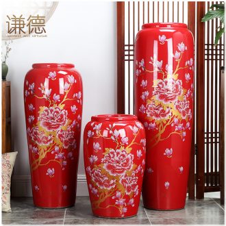 Jingdezhen big red ceramic floor vase three-piece suit contemporary household housewarming gift sitting room adornment is placed