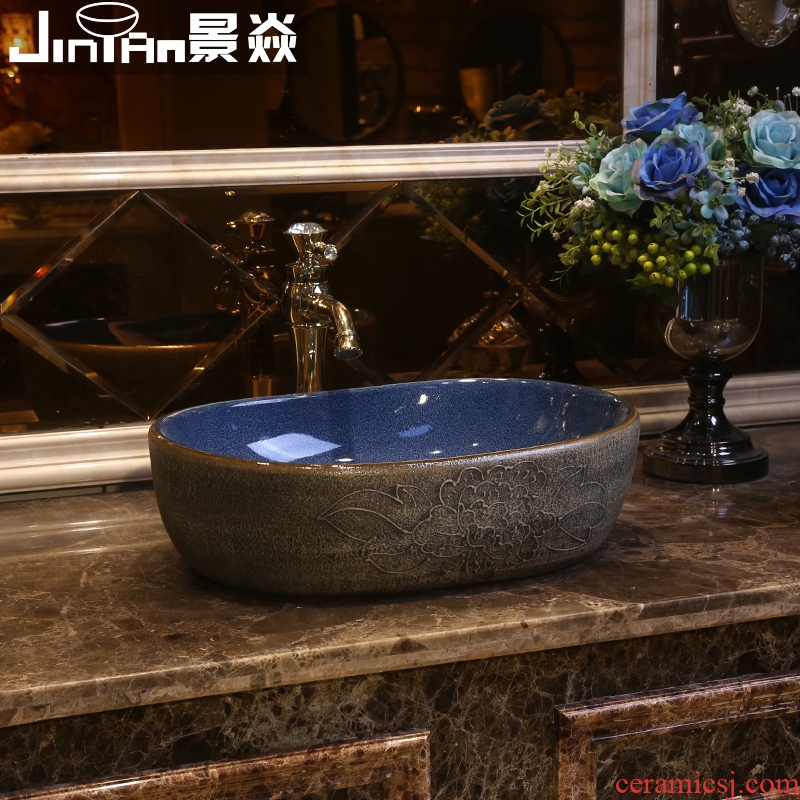 JingYan retro peony stage basin to oval ceramic art lavatory toilet stage basin on the sink